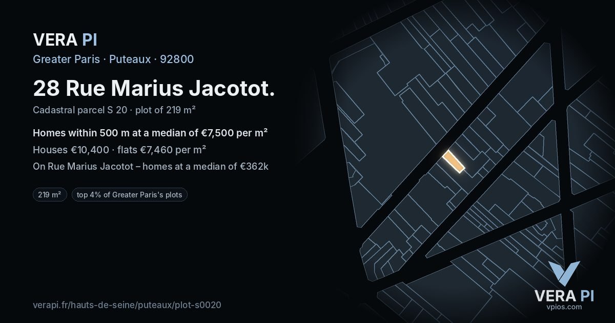 28 Rue Marius Jacotot, Puteaux at night – the plot lit, the parcels around coloured by the prices near them
