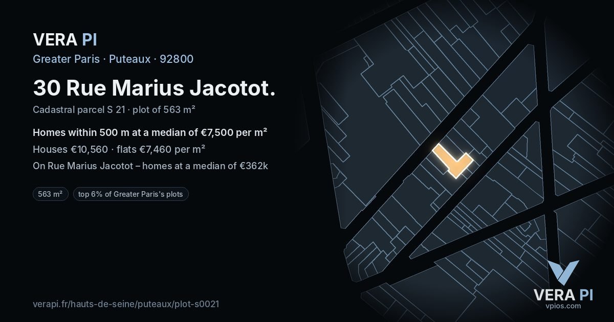 30 Rue Marius Jacotot, Puteaux at night – the plot lit, the parcels around coloured by the prices near them