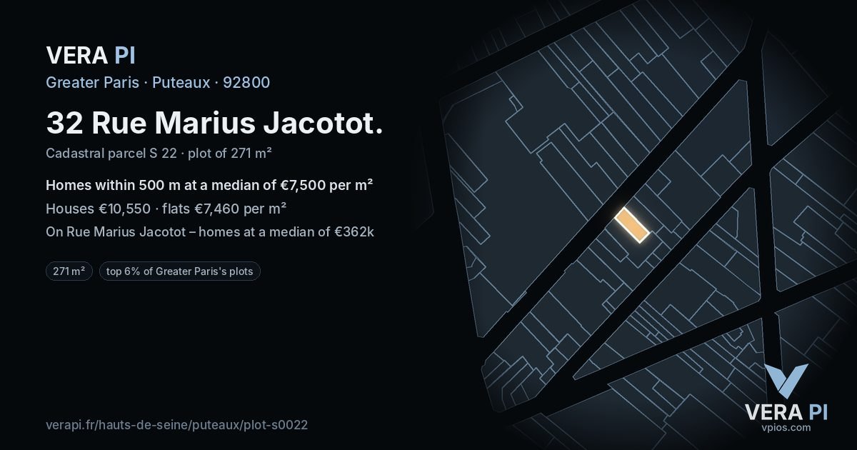 32 Rue Marius Jacotot, Puteaux at night – the plot lit, the parcels around coloured by the prices near them