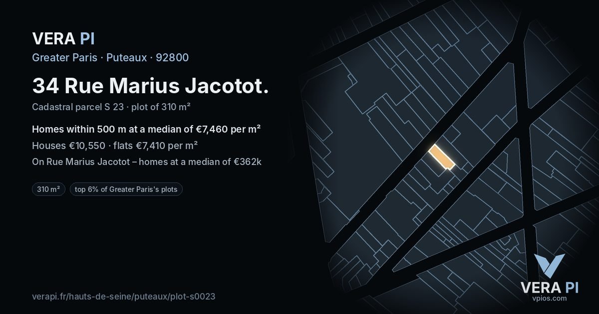 34 Rue Marius Jacotot, Puteaux at night – the plot lit, the parcels around coloured by the prices near them