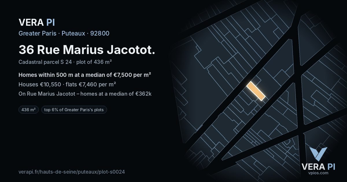 36 Rue Marius Jacotot, Puteaux at night – the plot lit, the parcels around coloured by the prices near them