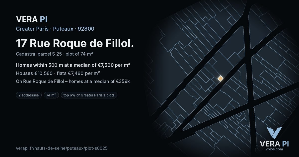 17 Rue Roque de Fillol, Puteaux at night – the plot lit, the parcels around coloured by the prices near them