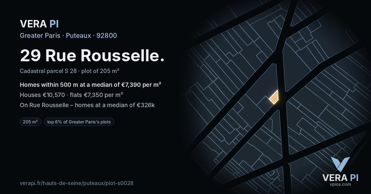 29 Rue Rousselle, Puteaux at night – the plot lit, the parcels around coloured by the prices near them