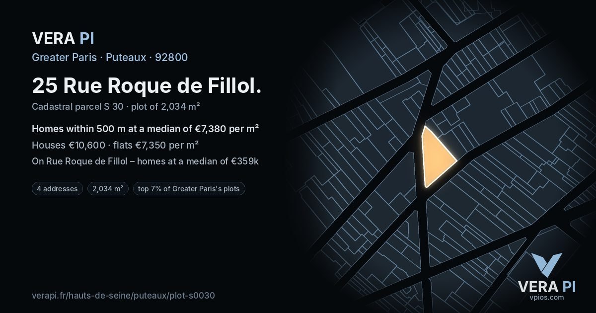 25 Rue Roque de Fillol, Puteaux at night – the plot lit, the parcels around coloured by the prices near them