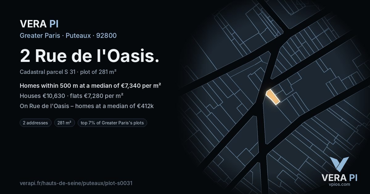 2 Rue de l'Oasis, Puteaux at night – the plot lit, the parcels around coloured by the prices near them