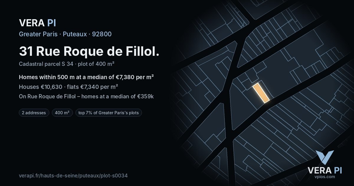 31 Rue Roque de Fillol, Puteaux at night – the plot lit, the parcels around coloured by the prices near them