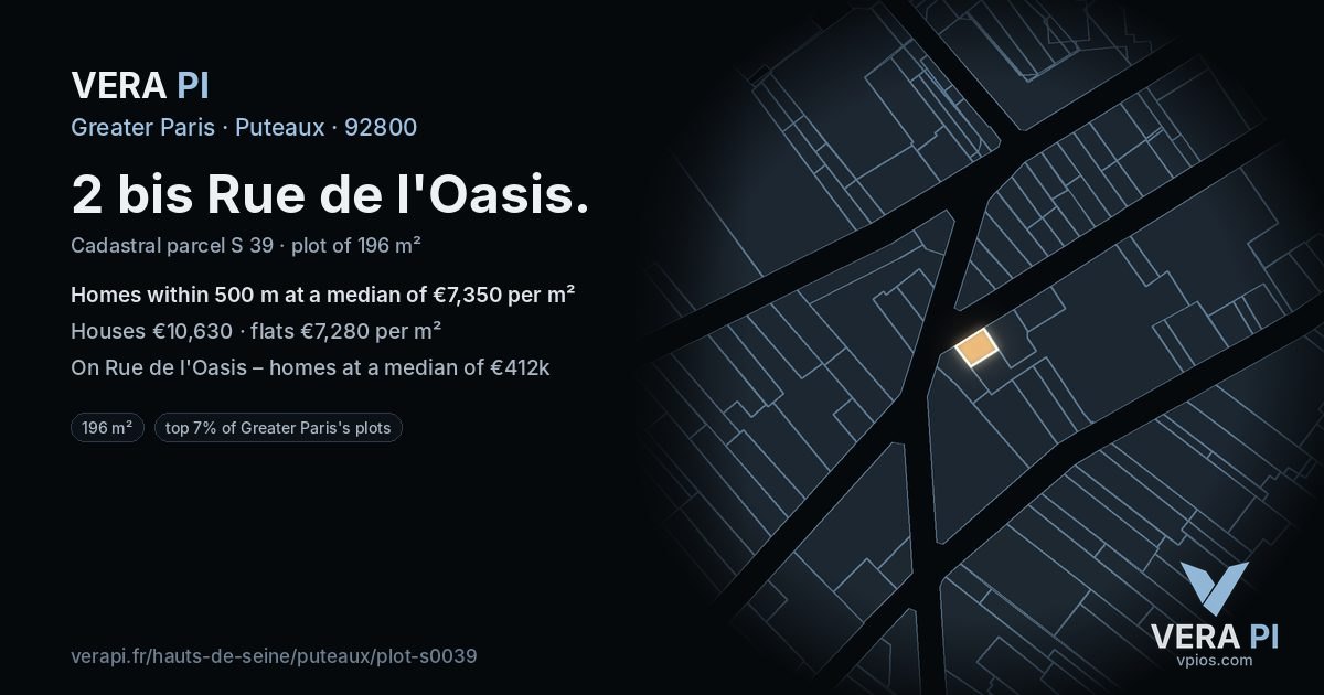 2 bis Rue de l'Oasis, Puteaux at night – the plot lit, the parcels around coloured by the prices near them