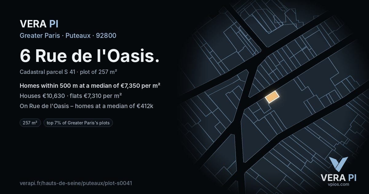 6 Rue de l'Oasis, Puteaux at night – the plot lit, the parcels around coloured by the prices near them