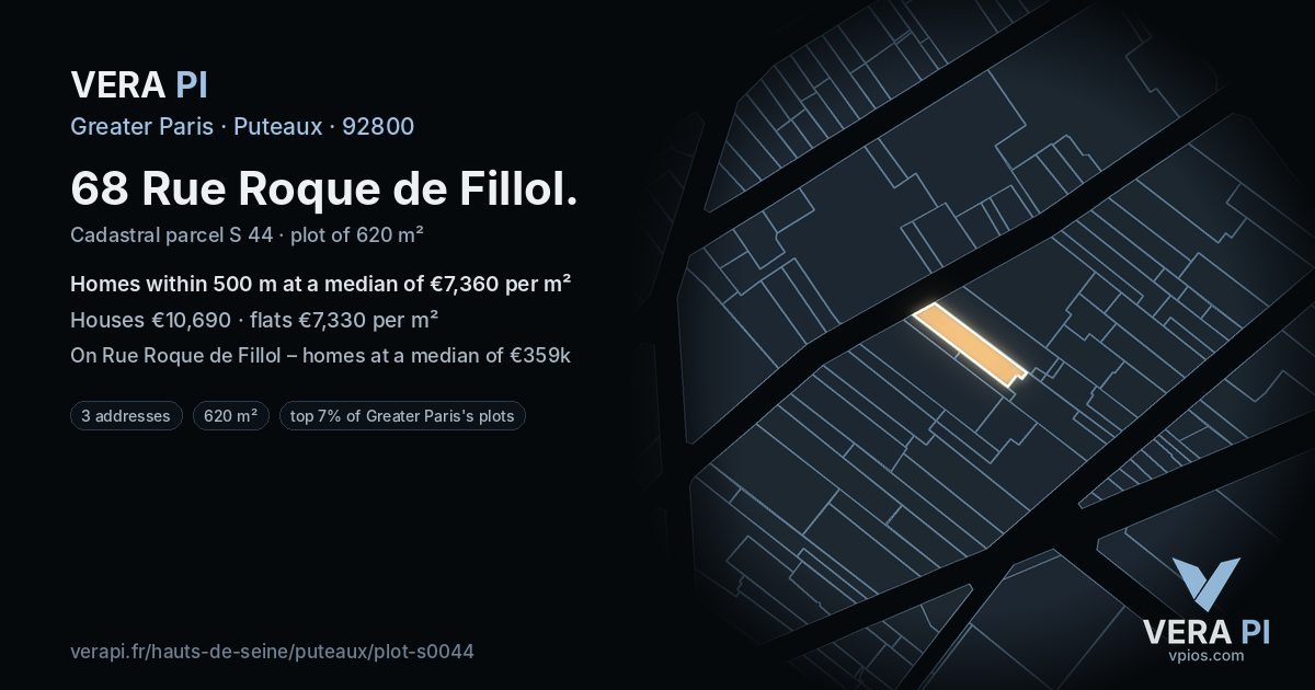 68 Rue Roque de Fillol, Puteaux at night – the plot lit, the parcels around coloured by the prices near them