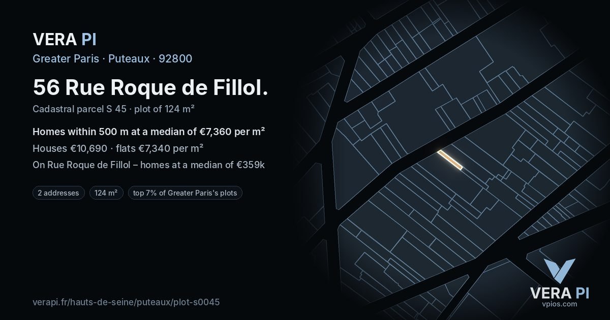 56 Rue Roque de Fillol, Puteaux at night – the plot lit, the parcels around coloured by the prices near them
