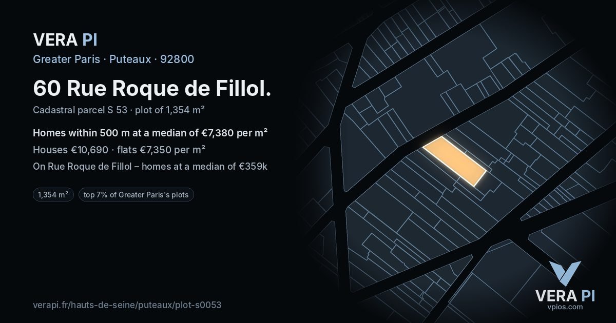 60 Rue Roque de Fillol, Puteaux at night – the plot lit, the parcels around coloured by the prices near them