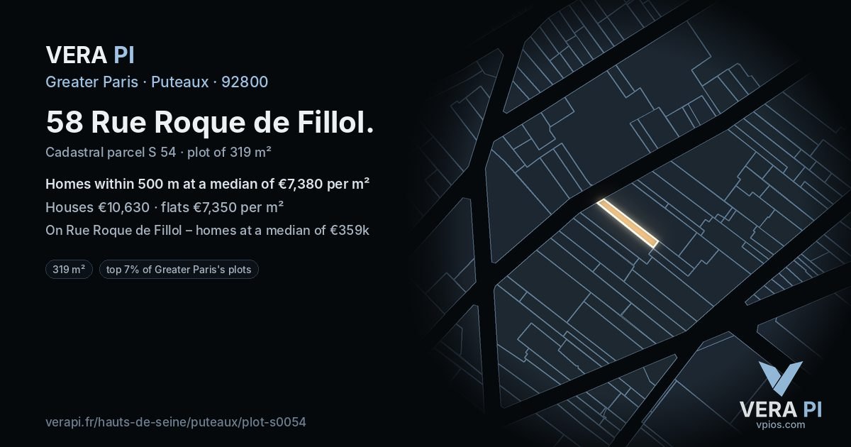 58 Rue Roque de Fillol, Puteaux at night – the plot lit, the parcels around coloured by the prices near them