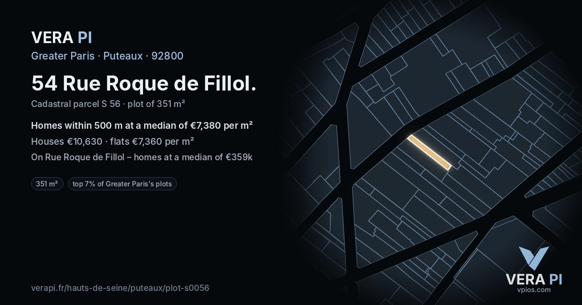 54 Rue Roque de Fillol, Puteaux at night – the plot lit, the parcels around coloured by the prices near them