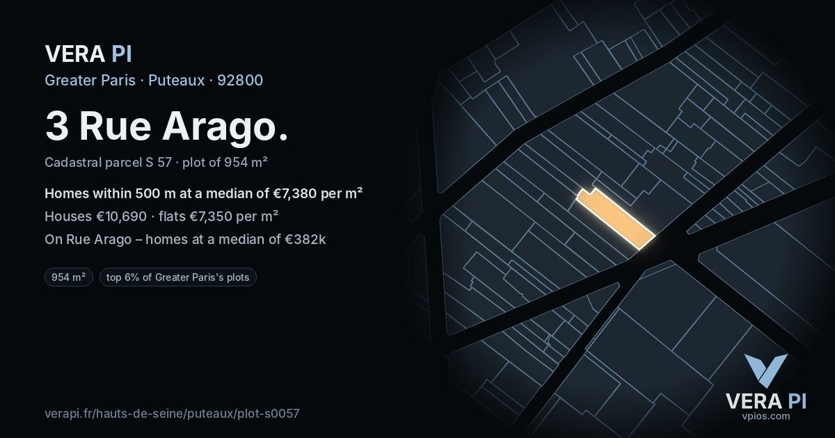 3 Rue Arago, Puteaux at night – the plot lit, the parcels around coloured by the prices near them