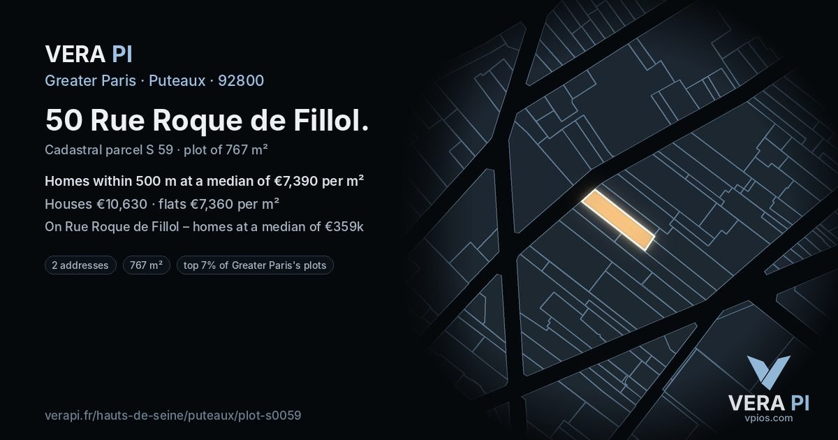 50 Rue Roque de Fillol, Puteaux at night – the plot lit, the parcels around coloured by the prices near them