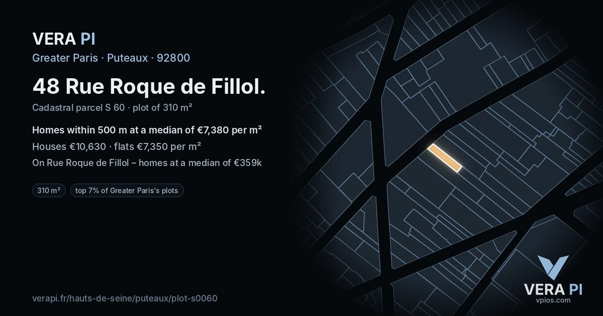 48 Rue Roque de Fillol, Puteaux at night – the plot lit, the parcels around coloured by the prices near them