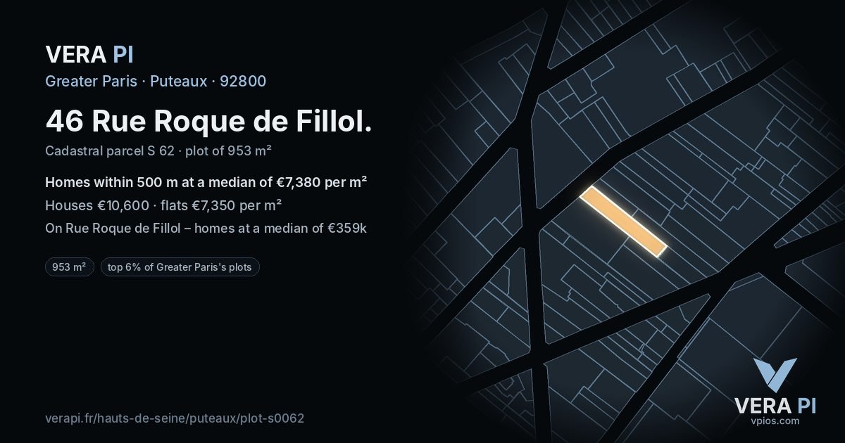 46 Rue Roque de Fillol, Puteaux at night – the plot lit, the parcels around coloured by the prices near them
