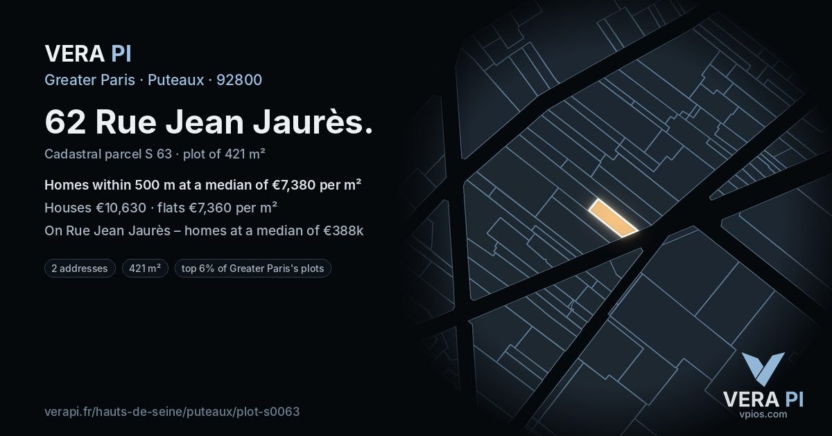 62 Rue Jean Jaurès, Puteaux at night – the plot lit, the parcels around coloured by the prices near them