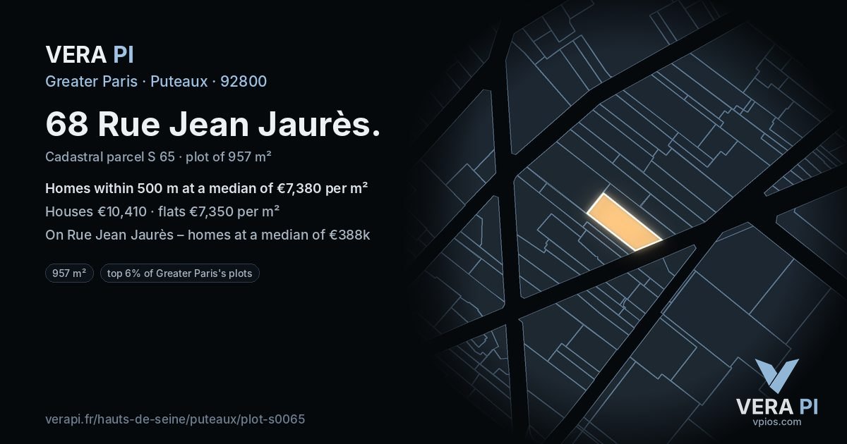 68 Rue Jean Jaurès, Puteaux at night – the plot lit, the parcels around coloured by the prices near them