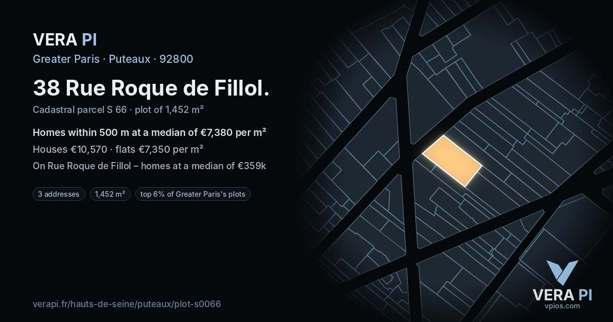 38 Rue Roque de Fillol, Puteaux at night – the plot lit, the parcels around coloured by the prices near them