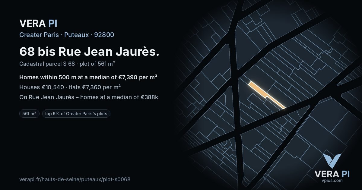 68 bis Rue Jean Jaurès, Puteaux at night – the plot lit, the parcels around coloured by the prices near them