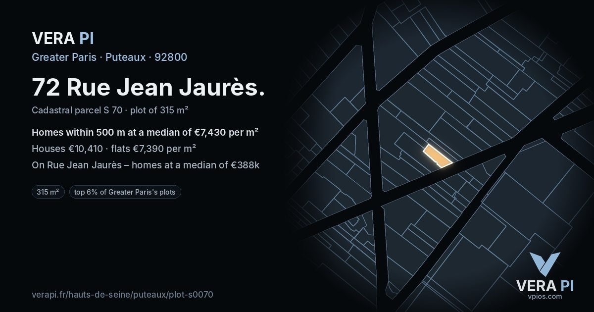 72 Rue Jean Jaurès, Puteaux at night – the plot lit, the parcels around coloured by the prices near them