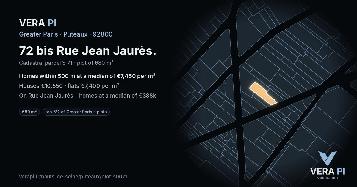 72 bis Rue Jean Jaurès, Puteaux at night – the plot lit, the parcels around coloured by the prices near them