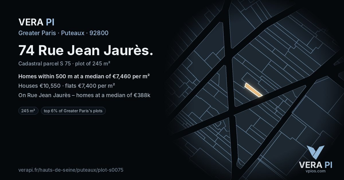 74 Rue Jean Jaurès, Puteaux at night – the plot lit, the parcels around coloured by the prices near them