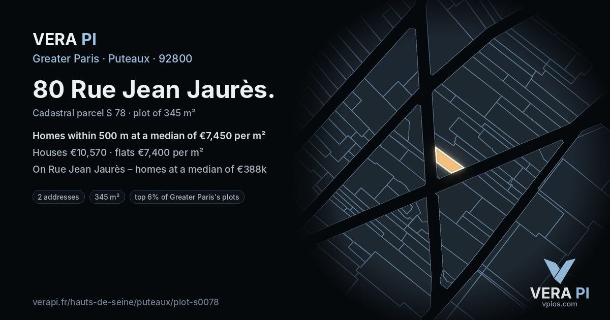 80 Rue Jean Jaurès, Puteaux at night – the plot lit, the parcels around coloured by the prices near them