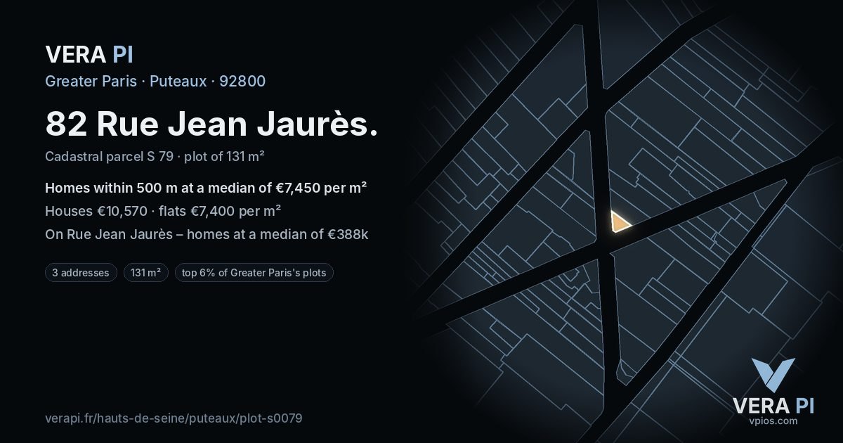 82 Rue Jean Jaurès, Puteaux at night – the plot lit, the parcels around coloured by the prices near them