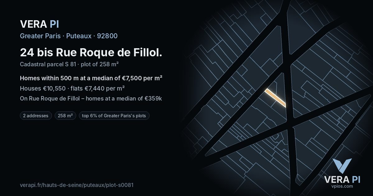 24 bis Rue Roque de Fillol, Puteaux at night – the plot lit, the parcels around coloured by the prices near them