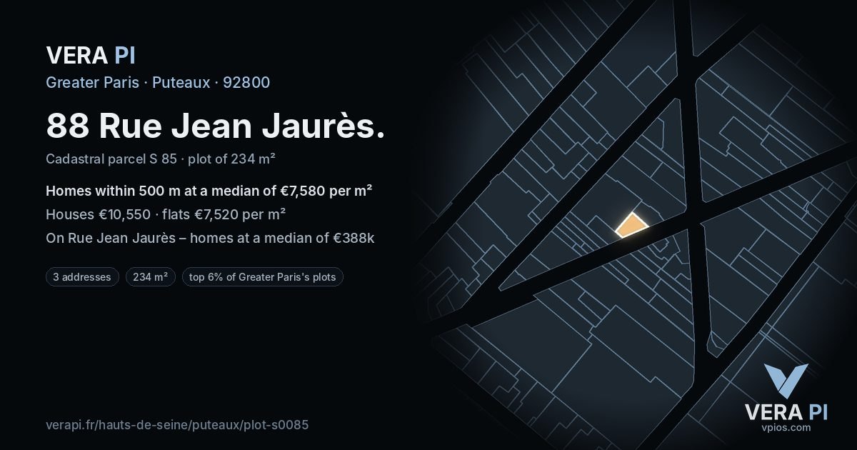 88 Rue Jean Jaurès, Puteaux at night – the plot lit, the parcels around coloured by the prices near them