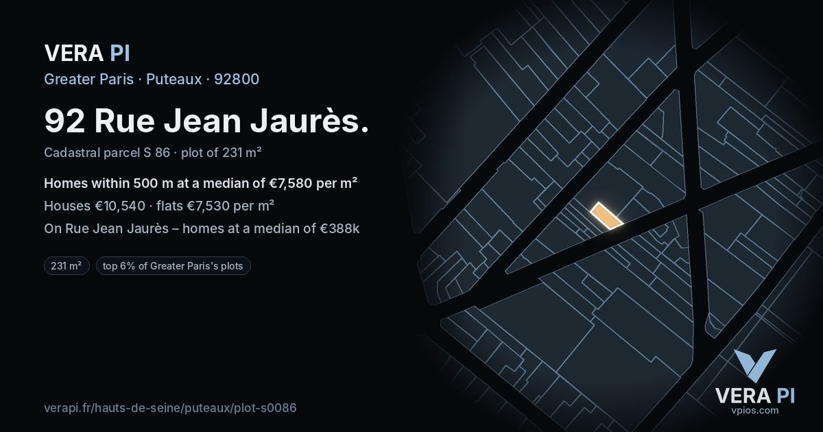 92 Rue Jean Jaurès, Puteaux at night – the plot lit, the parcels around coloured by the prices near them