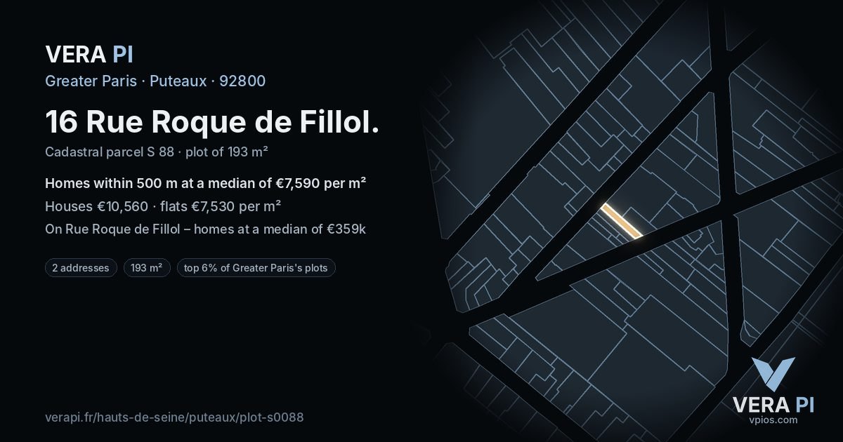 16 Rue Roque de Fillol, Puteaux at night – the plot lit, the parcels around coloured by the prices near them