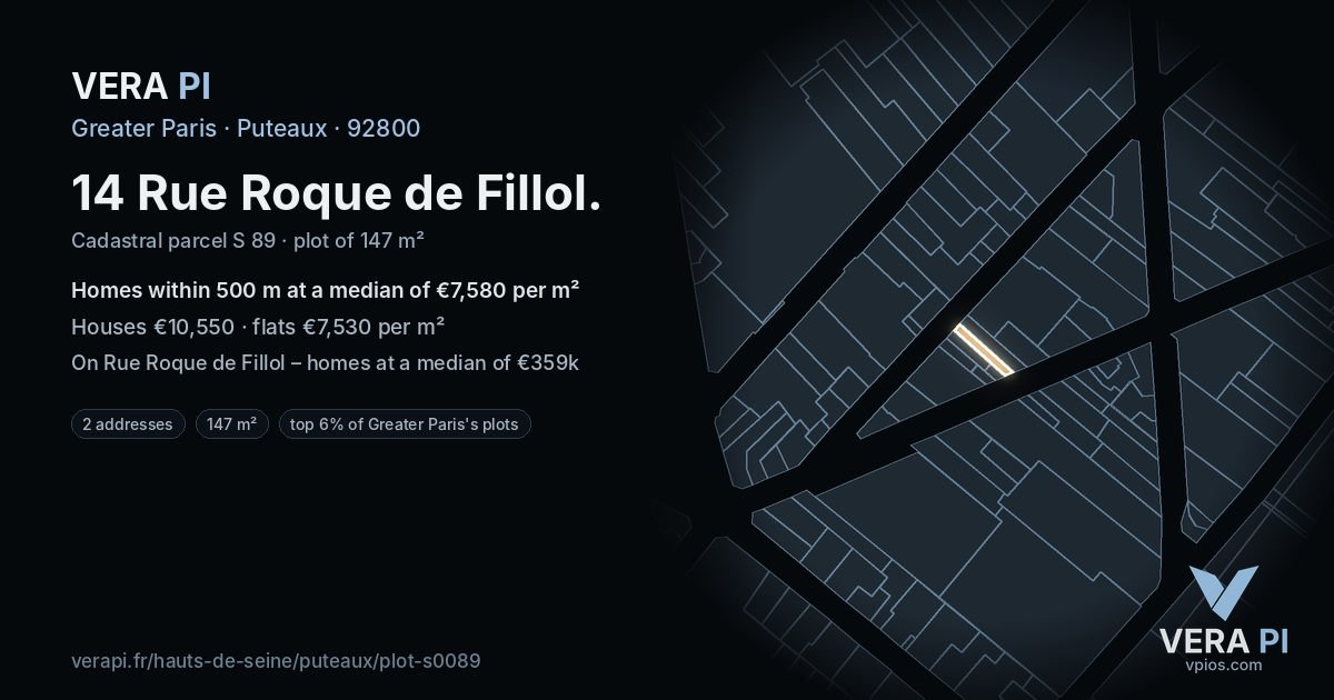 14 Rue Roque de Fillol, Puteaux at night – the plot lit, the parcels around coloured by the prices near them