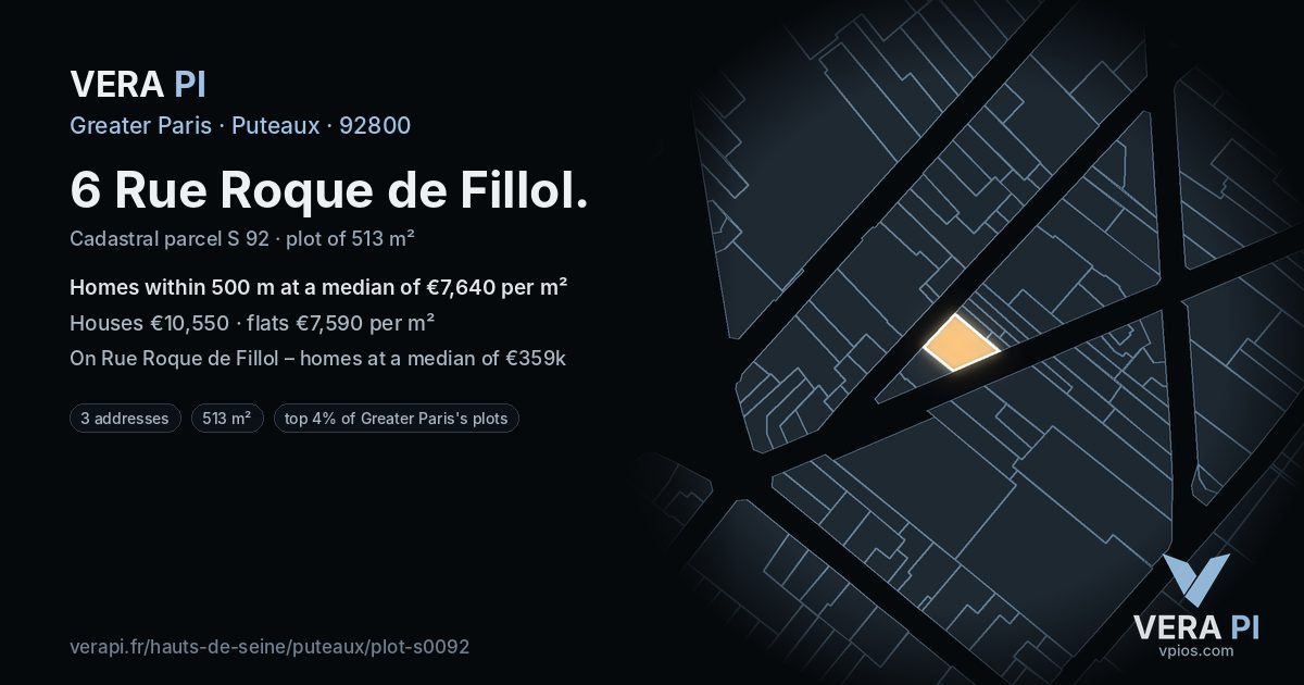 6 Rue Roque de Fillol, Puteaux at night – the plot lit, the parcels around coloured by the prices near them