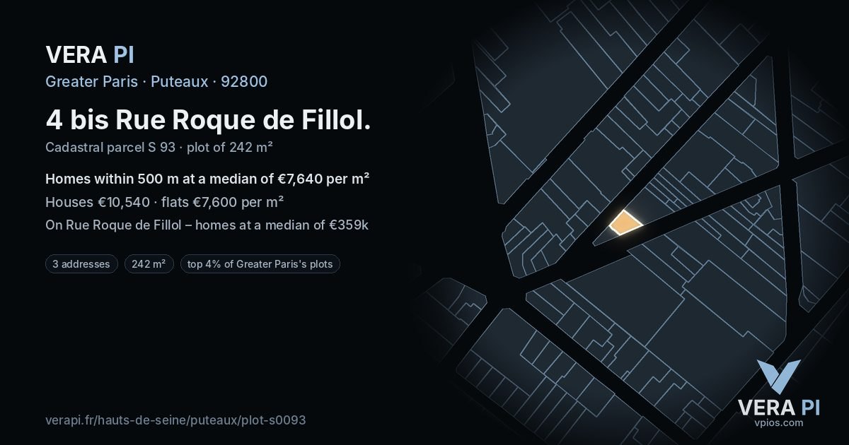 4 bis Rue Roque de Fillol, Puteaux at night – the plot lit, the parcels around coloured by the prices near them