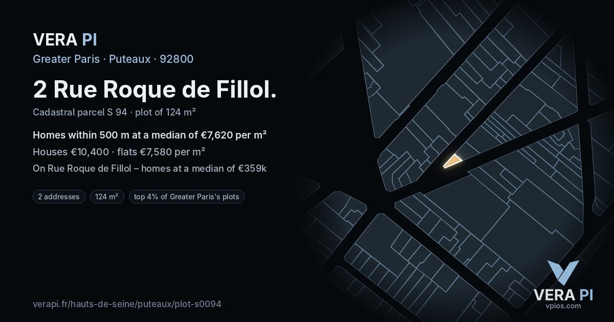 2 Rue Roque de Fillol, Puteaux at night – the plot lit, the parcels around coloured by the prices near them