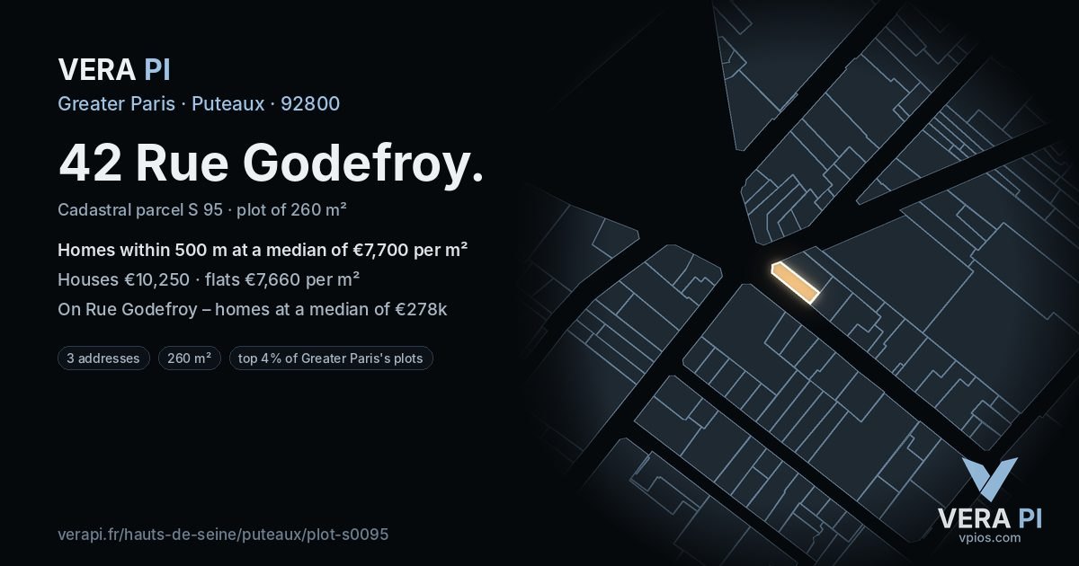 42 Rue Godefroy, Puteaux at night – the plot lit, the parcels around coloured by the prices near them