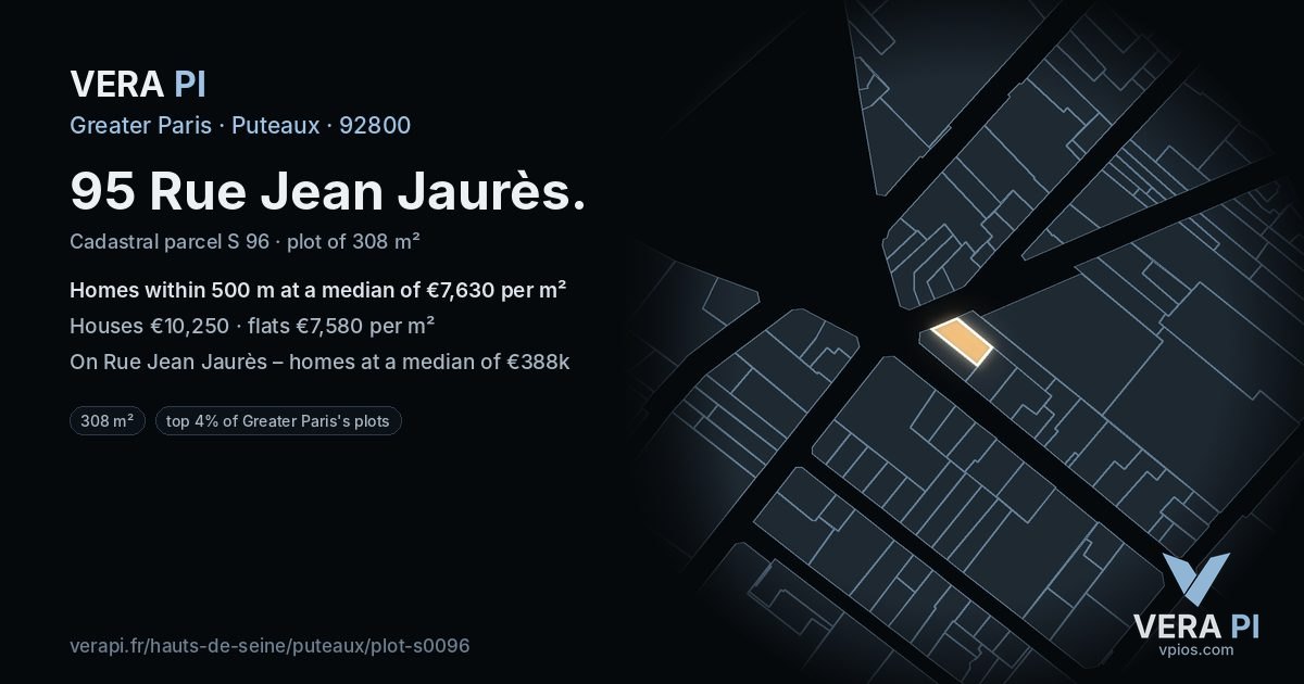 95 Rue Jean Jaurès, Puteaux at night – the plot lit, the parcels around coloured by the prices near them