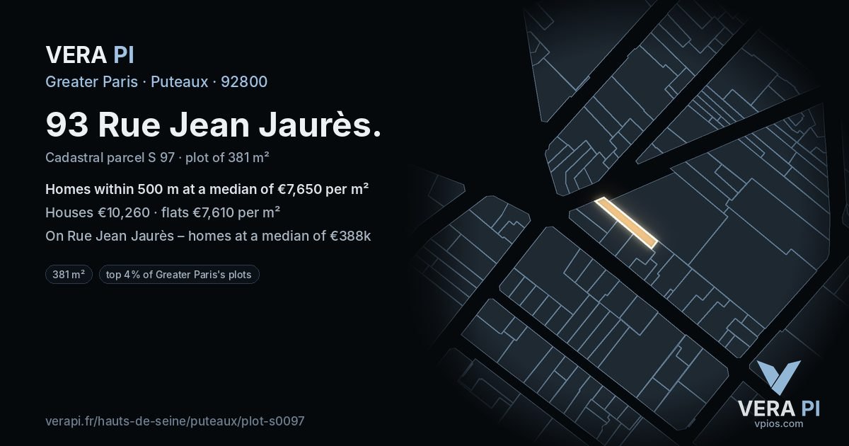 93 Rue Jean Jaurès, Puteaux at night – the plot lit, the parcels around coloured by the prices near them