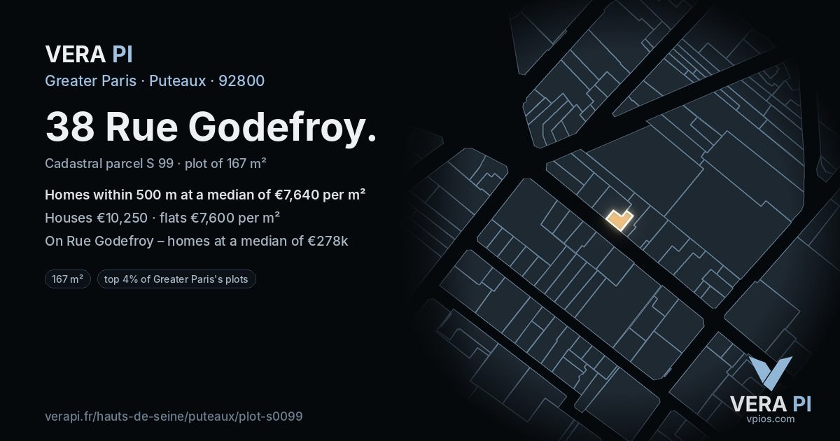 38 Rue Godefroy, Puteaux at night – the plot lit, the parcels around coloured by the prices near them