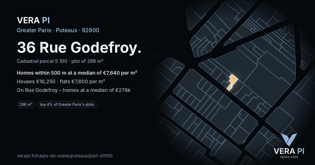 36 Rue Godefroy, Puteaux at night – the plot lit, the parcels around coloured by the prices near them