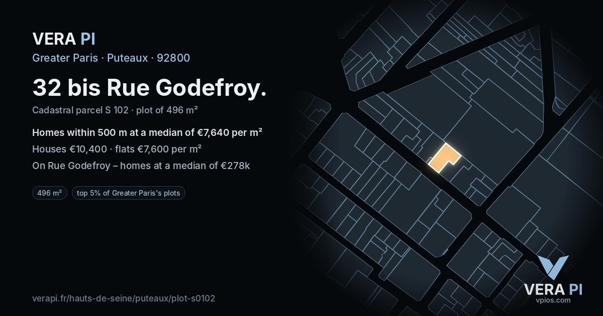 32 bis Rue Godefroy, Puteaux at night – the plot lit, the parcels around coloured by the prices near them