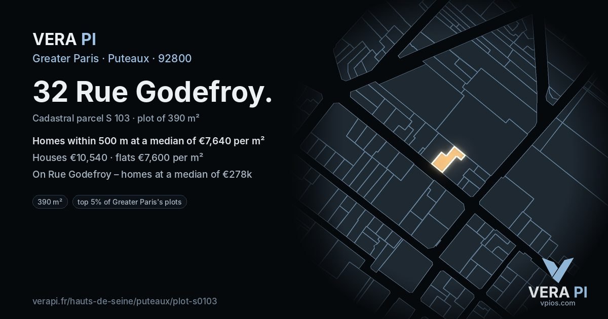 32 Rue Godefroy, Puteaux at night – the plot lit, the parcels around coloured by the prices near them