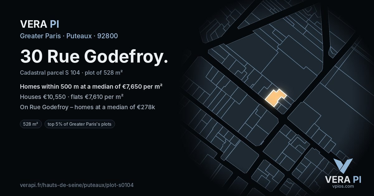 30 Rue Godefroy, Puteaux at night – the plot lit, the parcels around coloured by the prices near them
