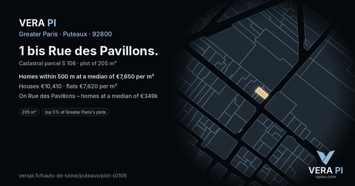 1 bis Rue des Pavillons, Puteaux at night – the plot lit, the parcels around coloured by the prices near them