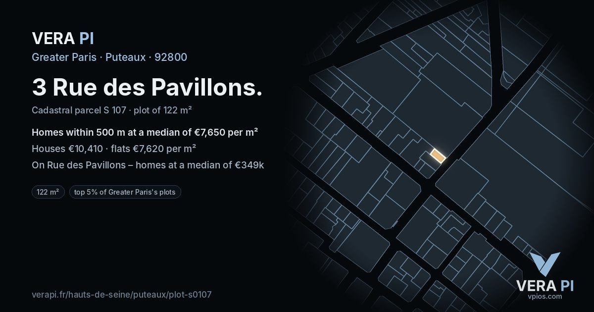 3 Rue des Pavillons, Puteaux at night – the plot lit, the parcels around coloured by the prices near them