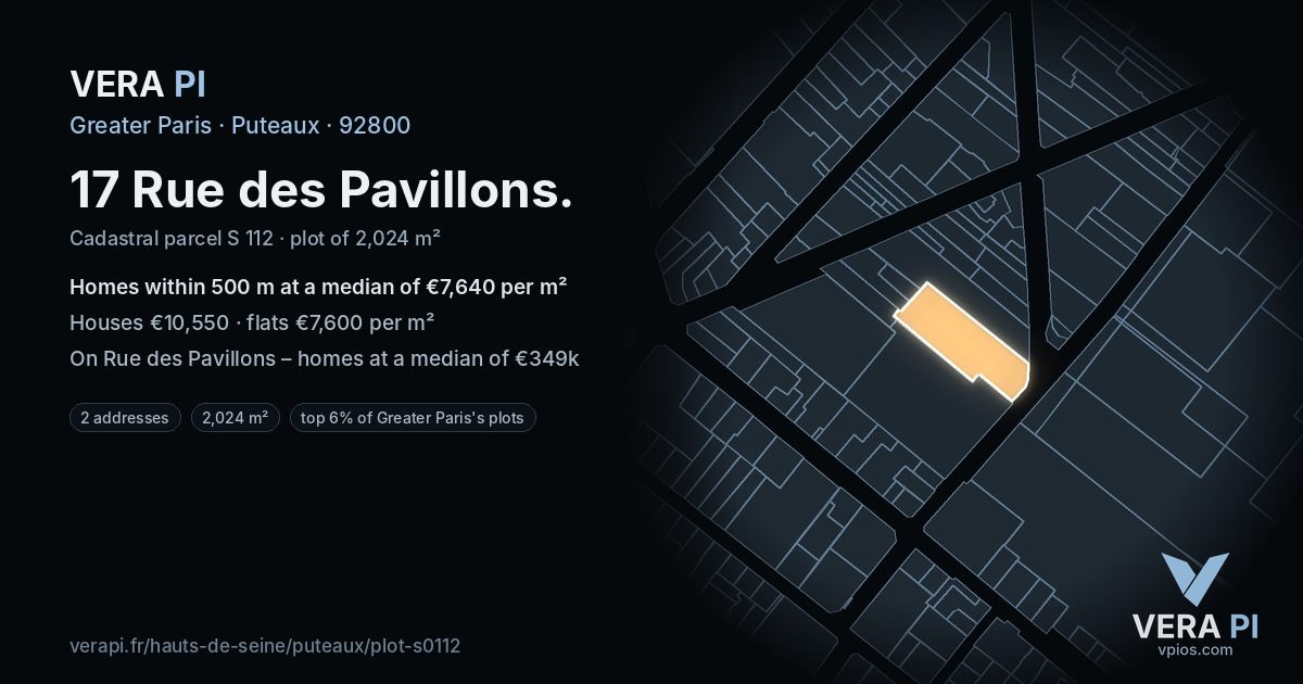 17 Rue des Pavillons, Puteaux at night – the plot lit, the parcels around coloured by the prices near them