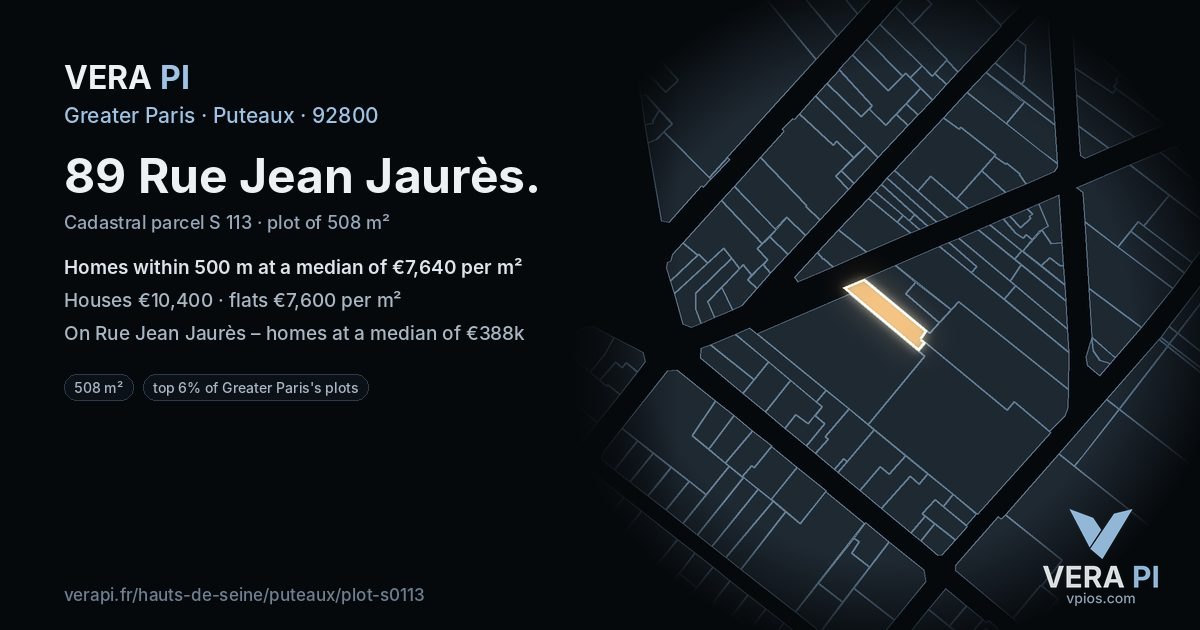 89 Rue Jean Jaurès, Puteaux at night – the plot lit, the parcels around coloured by the prices near them